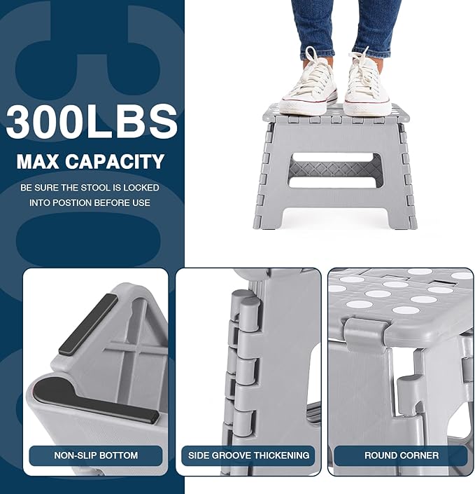 Dyforce 9" Folding Step Stool for Kids and Adults, Collapsible Light-Weight Foot Stools Foldable for Toddler, Kitchen, Bathroom, 300 lb Capacity (Grey)