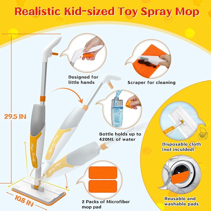 Kids Spray Mop - Toddler Cleaning Set Includes Kids Mop with Real Water Sprayer, Microfiber Pads & Scraper - Pretend Play Montessori Housekeeping Toys Gifts for Toddlers Girls Boys Aged 4+