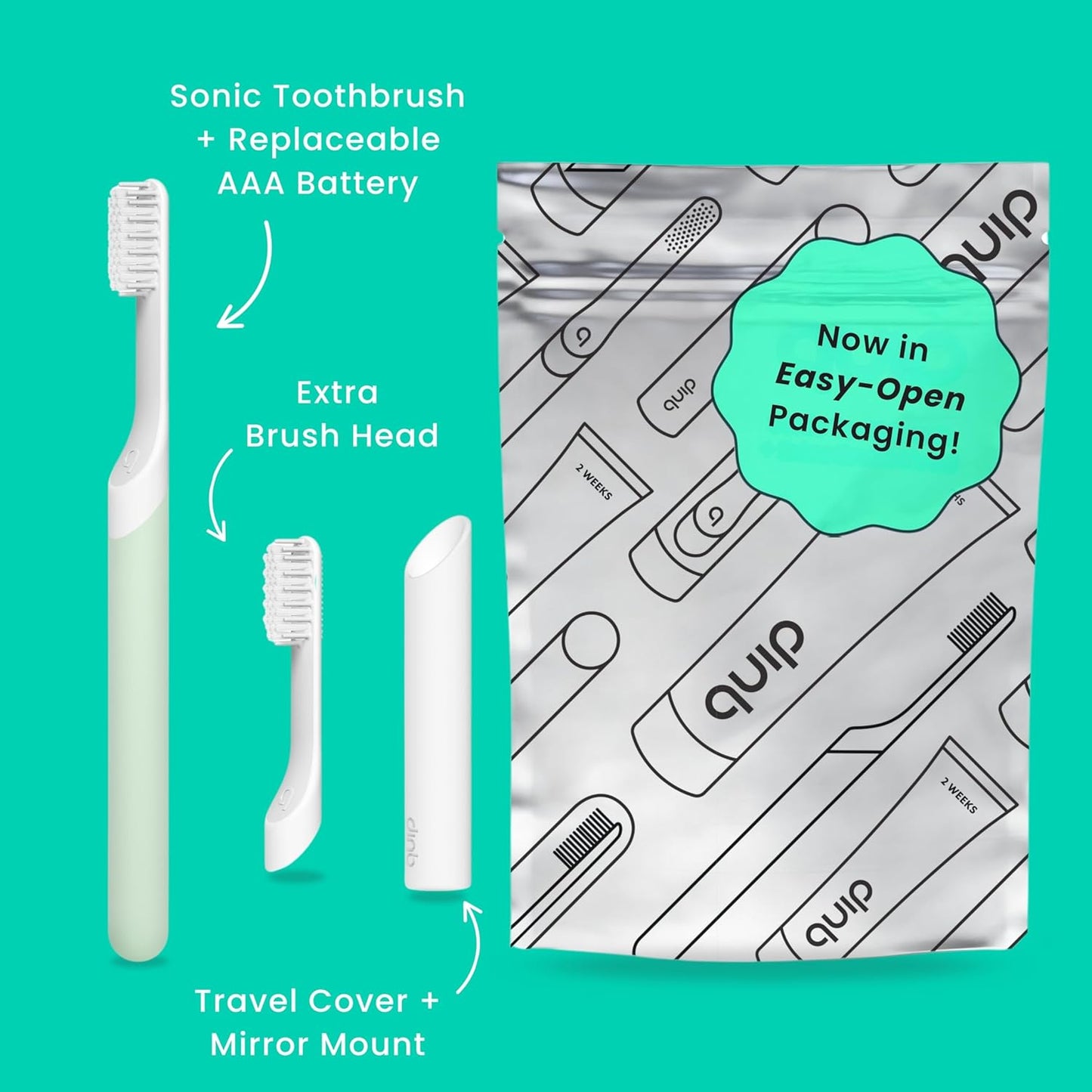 Quip Sonic Electric Toothbrush for Adults - Time Travel & Soft Bristles with Travel Case & Replacement Brush Head - 3 Month Battery Life, Plastic Handle - Sage Green