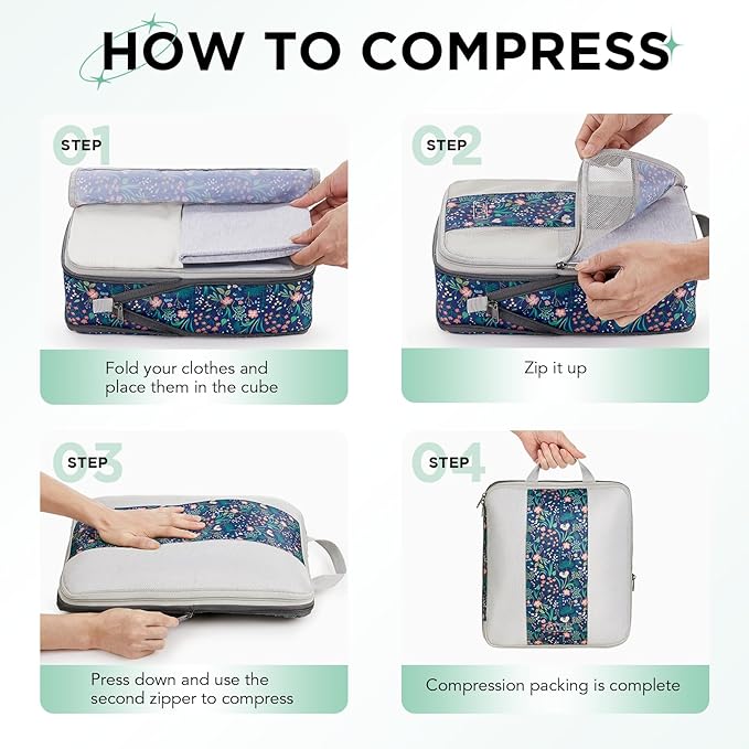 2 Set Compression Packing Cubes for Travel Essentials,Compressible Expandable Packing Cubes for Suitcase,OlarHike Luggage Organizer Bags for Travel(Dark Blue Floral)