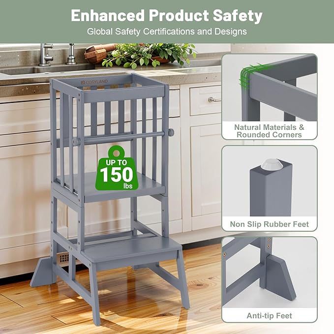 COSYLAND Toddler Standing Tower - Adjustable Height Toddler Kitchen Stool Helper - Kids Kitchen Step Stool for Learning with Removable Safety Railing Slate Gray