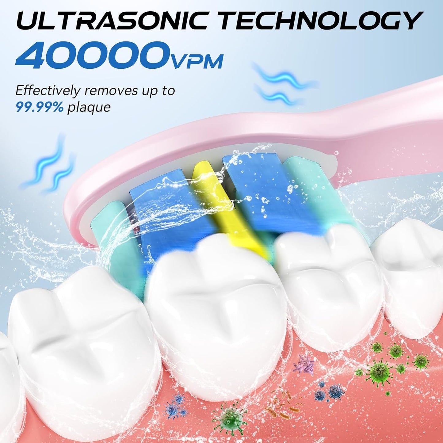 YUNCHI Electric Toothbrush Pink, Battery Toothbrush for Adults, Rechargeable Toothbrushs-8 Brush Heads, 5 Modes & 2 Min Smart Timer, IPX7 Waterproof,30 Days Battery Long,Travel Case