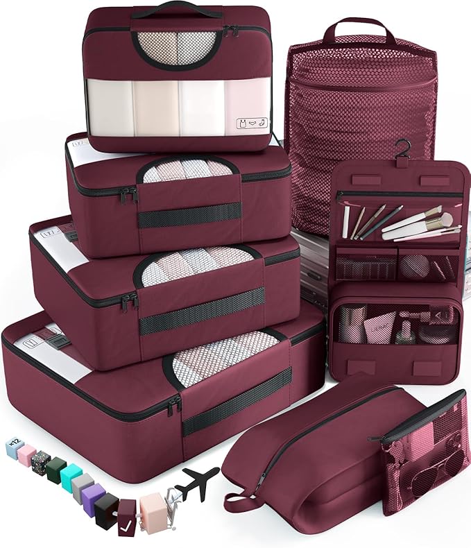 Veken 8 Set Packing Cubes for Travel Essentials, Christmas Gifts, Suitcase Organizer Bags in 4 Sizes, Carry-On Luggage Accessories with Large Laundry & Hanging Toiletry Bag, Must-Have for Airplane