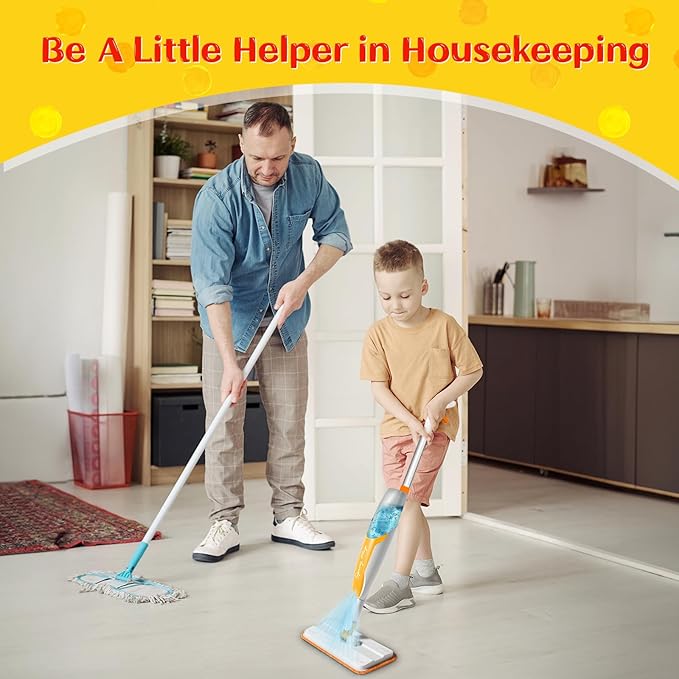 Kids Spray Mop - Toddler Cleaning Set Includes Kids Mop with Real Water Sprayer, Microfiber Pads & Scraper - Pretend Play Montessori Housekeeping Toys Gifts for Toddlers Girls Boys Aged 4+