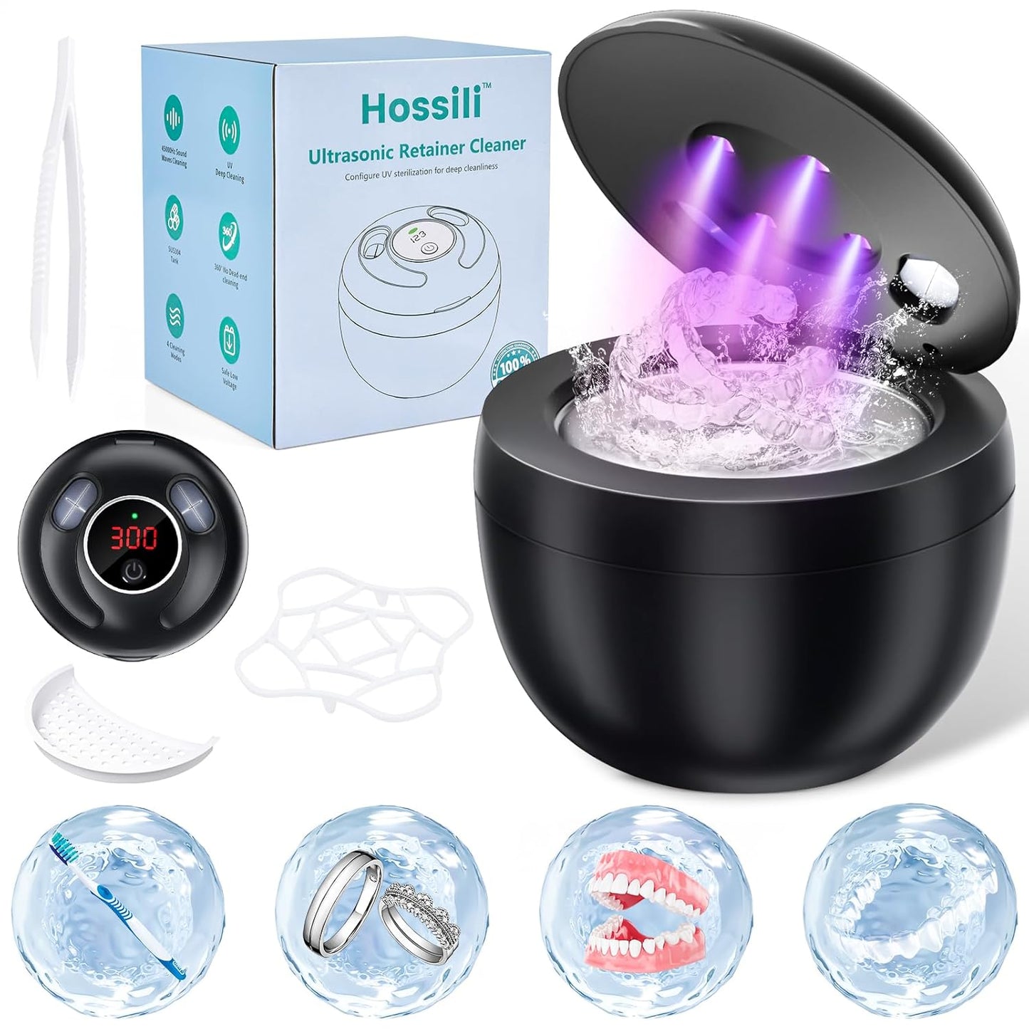 Ultrasonic Retainer Cleaner Machine, 200ML Ultrasonic Cleaning Pod with 4 Modes, Digital Timer for Denture Cleaner, Aligners, Mouth Guards, Braces, Jewelry & Toothbrush Heads