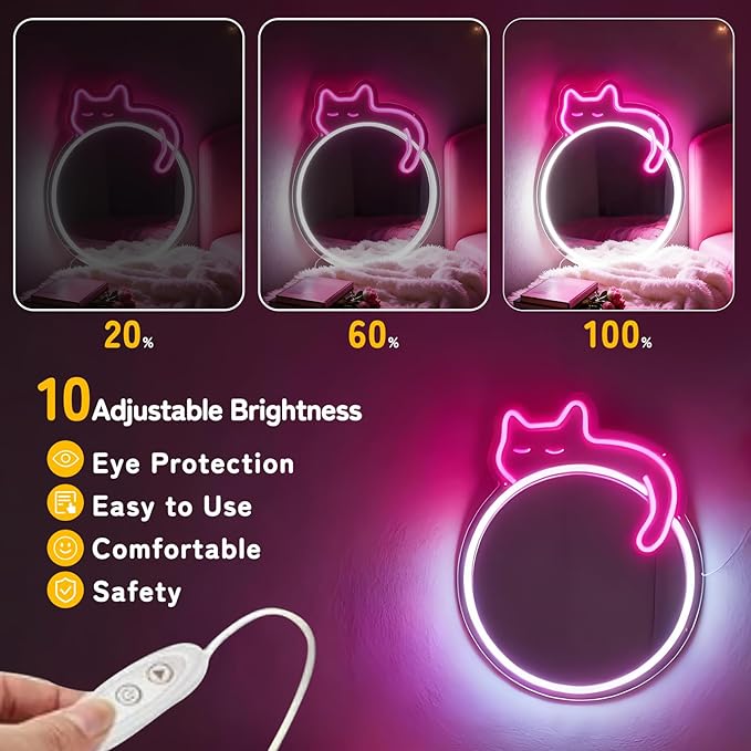 Pink Cat Neon Light Acrylic Mirror, Dimmable Circle Wall Decor with USB Power, Shatterproof Unbreakable for Girls Kids Bedroom
