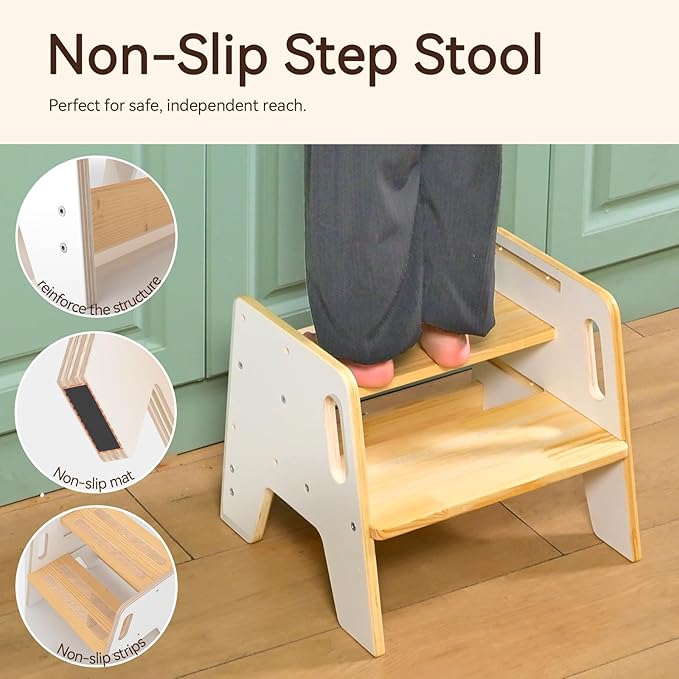 Wingyz Toddler Step Stool with Handles, Wooden Step stools for Kids, Durable 3-Level Height Adjustable Stepstool for Bathroom Sink, Kitchen, Bedroom,Potty Training