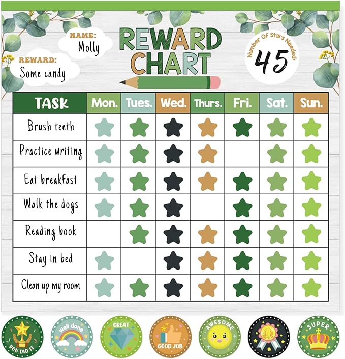 Reward Chart for Kids,Magnetic Behavior Chore Chart for Kids at Home,26 Eucalyptus Chore Charts,1960 Star Stickers,56 Reward Stickers,Incentive Chart to Develop Responsibility and Good Habits,Greenery