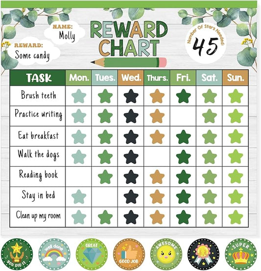 Reward Chart for Kids,Magnetic Behavior Chore Chart for Kids at Home,26 Eucalyptus Chore Charts,1960 Star Stickers,56 Reward Stickers,Incentive Chart to Develop Responsibility and Good Habits,Greenery