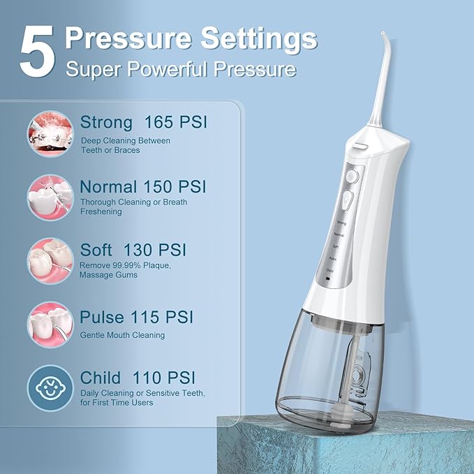 300mL Water Flosser Cordless - Rechargeable Travel Water Flossers for Teeth Cleaning with 5 Pressure Settings, 4 Tips, IPX7 Waterproof for Teeth Cleaning