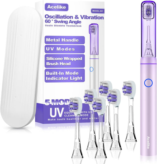 Metal Electric Toothbrush with UV Mode, Vibration and Oscillation Electric Toothbrush for Adults, 6 Brush Heads & Travel Case & Dust Cover, 5 Modes & Built in Timer, One Charge Last 120 Day（Rose）