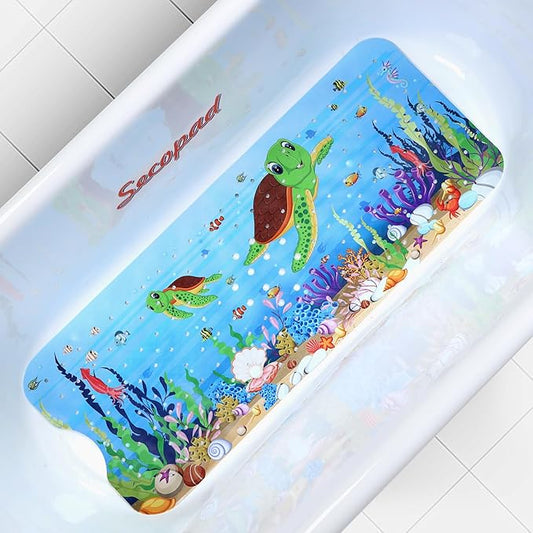 Bath Mat for Tub Non Slip, Machine Washable Anti-Slip Cartoon Baby Bathtub Shower Mat with Drain Holes and Suction Cups for Toddler & Kids, 40 Inch x 16 Inch, Red Turtles
