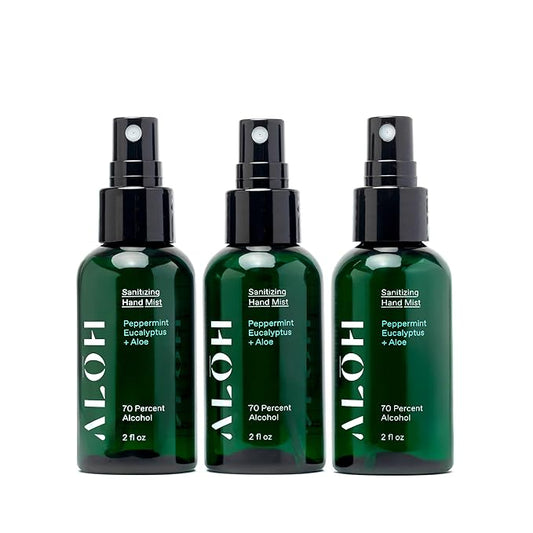 ALŌH Sanitizing Hand Mist 3-pack | Peppermint Eucalyptus + Aloe | 70% Alcohol Hydrating Hand Sanitizer Spray with Essential Oil, for Kids & Adults | 2oz Travel Size Bottle (Set of 3)