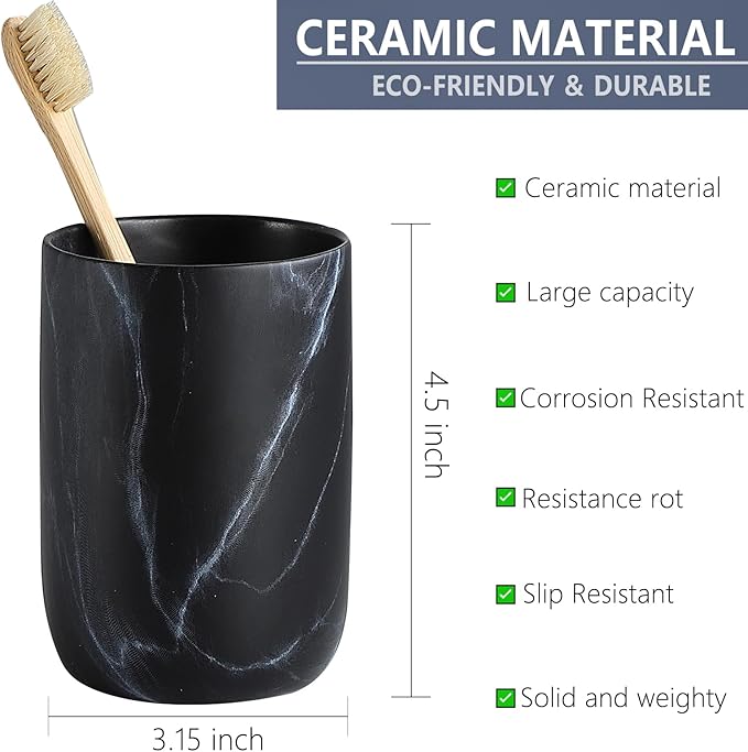 Black Marble Toothbrush Holder - Ceramic Toothbrush Holders for Bathrooms Toothbrush Toothpaste Holders Set, Black Bathroom Tumbler Cups Reusable Toothbrush Mouthwash Cup, Bathroom Counter Organizer.