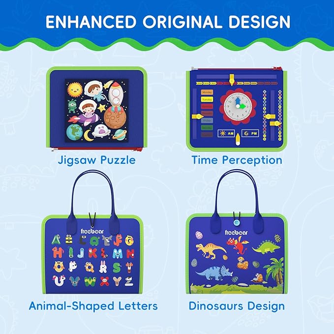 Freebear Busy Board Toddler Travel Toys Sensory Toys for Toddlers 1 2 3 4, Montessori Learning Toys for Toddlers Activities Board, Educational Toys for 3 4 Year Old Boys Girls Gift, Dinosaur