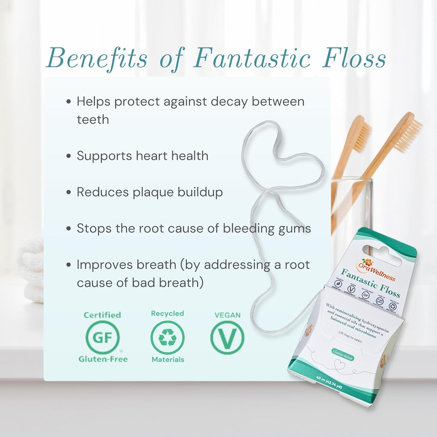 OraWellness Fantastic Floss, Waxed Dental Floss with Hydroxyapatite for Tooth & Gum Repair, Shred Resistant, Gentle & Expanding Alternative to Floss Picks, Pack of 1