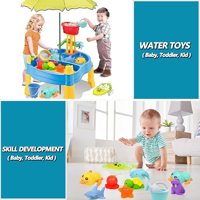 No Hole Bath Toys for Babies 6-12+ Months, Wind-up Swimming Ducks & Boat Bath Toys for Kids Ages 1-3, Baby Pool Toys Fishing Net Water Toys Watering Can, Toddler Bath Toy for 1+ Year Old Boy Girl