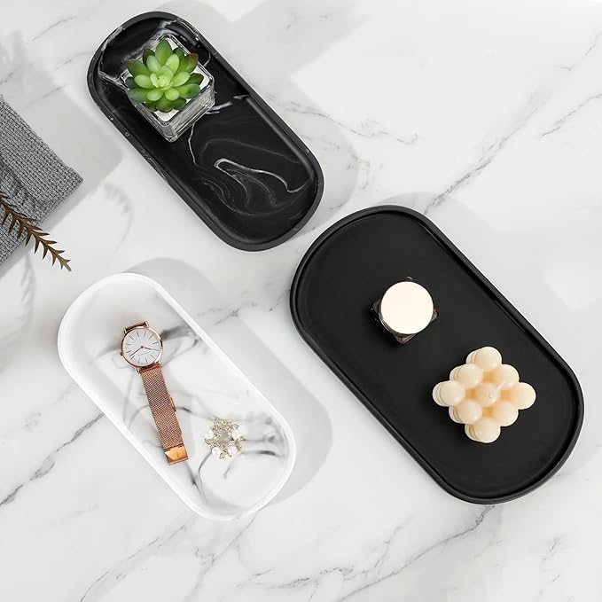 Luxspire Bathroom Vanity Tray Countertop, 10" Marble Tray for Kitchen Counter, Resin Oval Tray for Soap Dispenser and Toilet Tank, Decorative Trays for Perfume, Jewelry, Small, Faux Marble White