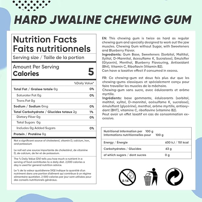Jawliner® Hard Jwaline Chewing Gum - Sugar Free Blueberry Tough Jaw Gum - Jaw Exerciser Strong Mewing Jawline Mistic Gum - 2x Harder than Regular Chewing Gum 130 Grams (48 Strips)