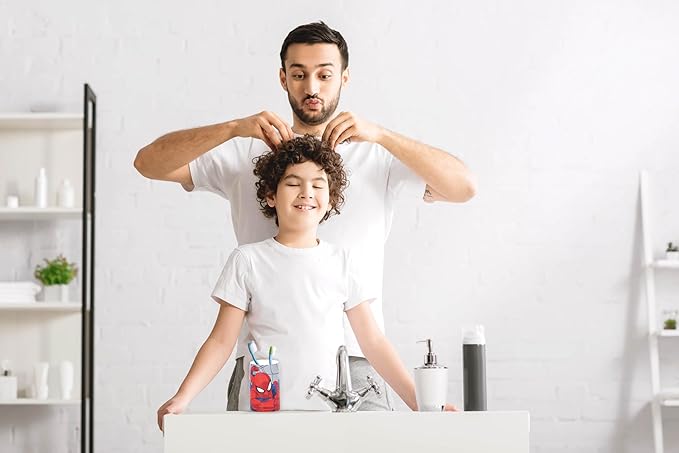 Jay Franco Kids Marvel Spiderman Toothbrush and Toothpaste Holder – 4 x 3 Inch Small Bathroom Accessories Organizer, Red & Blue Resin Tumbler Cup Stand for Counter Storage