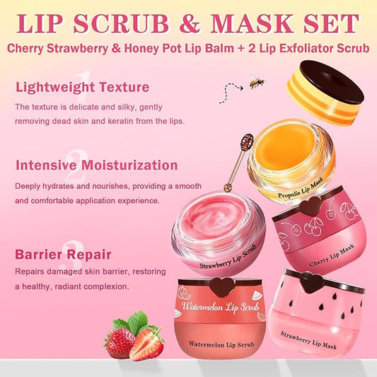 5PCS Lip Scrub and Mask Set,Cherry Strawberry and Honey Pot Lip Balm,2PCS Lip Exfoliator Scrub and Moisturizer,Clean and Repair,Reduce Fine Lines,Natural Ingredients,Cruelty Free
