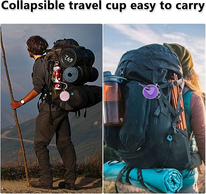 Litoexpe 2 Pack Silicone Collapsible Travel Cup Portable Folding Camping Cup Sets with Lids, Pink & Purple, Capacity 9.22oz (270ml)