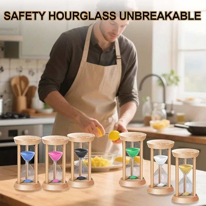 Sand Hourglass Timer Set: 30 Sec/1/2/3/5/10 Minutes Wooden Sand Clock, Colorful SandWatch Hour Glass, Small Sandglass Timer for Classroom, Home Decorative, Games (6 pcs)