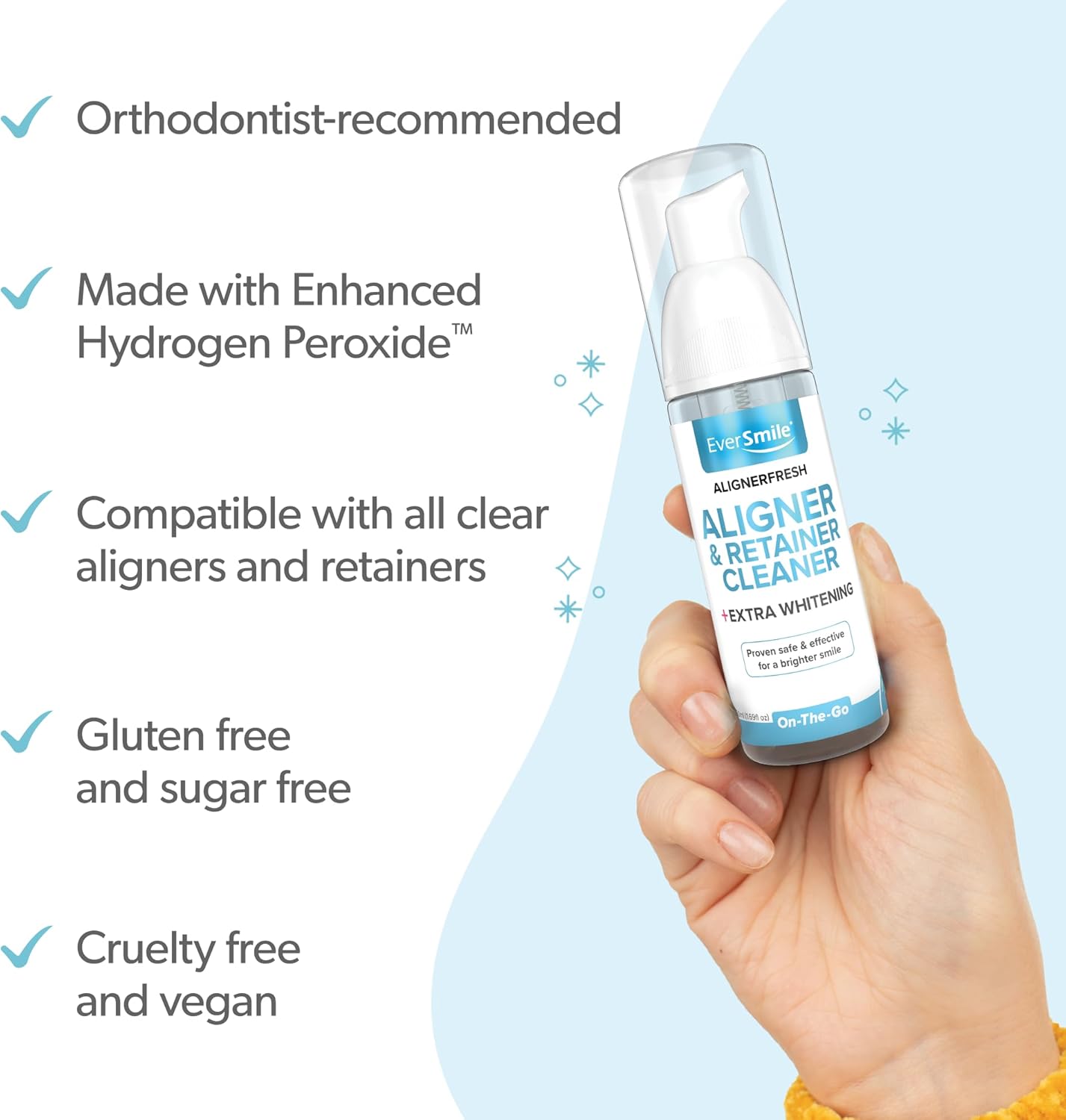 EverSmile AlignerFresh Extra Whitening Foam – Cleaner Compatible w/Invisalign and All Clear Aligners and Retainers – Eliminates Bacteria, Whitens Teeth, Fights Bad Breath – 50ml (2 Pack)