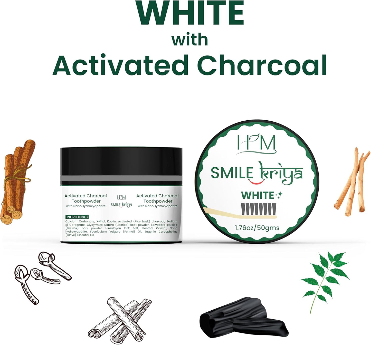 HM - Smile Kriya Ayurvedic Toothpowder Duo (Pack of 2) | Whitens Teeth Naturally, Remineralizes Enamel, Strengthens Gums & Freshens Breath | Activated Charcoal & NanoHydroxyapatite | 1.76 oz X 2