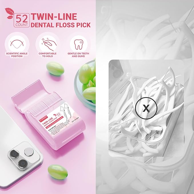Travel Dental Floss Picks, 3 Cases with 156 Count Mint Flavor Twin-Line Dental Flosser, Portable Floss Case, Portable Floss Dispenser, Travel Floss Sticks for Adults (Pink)