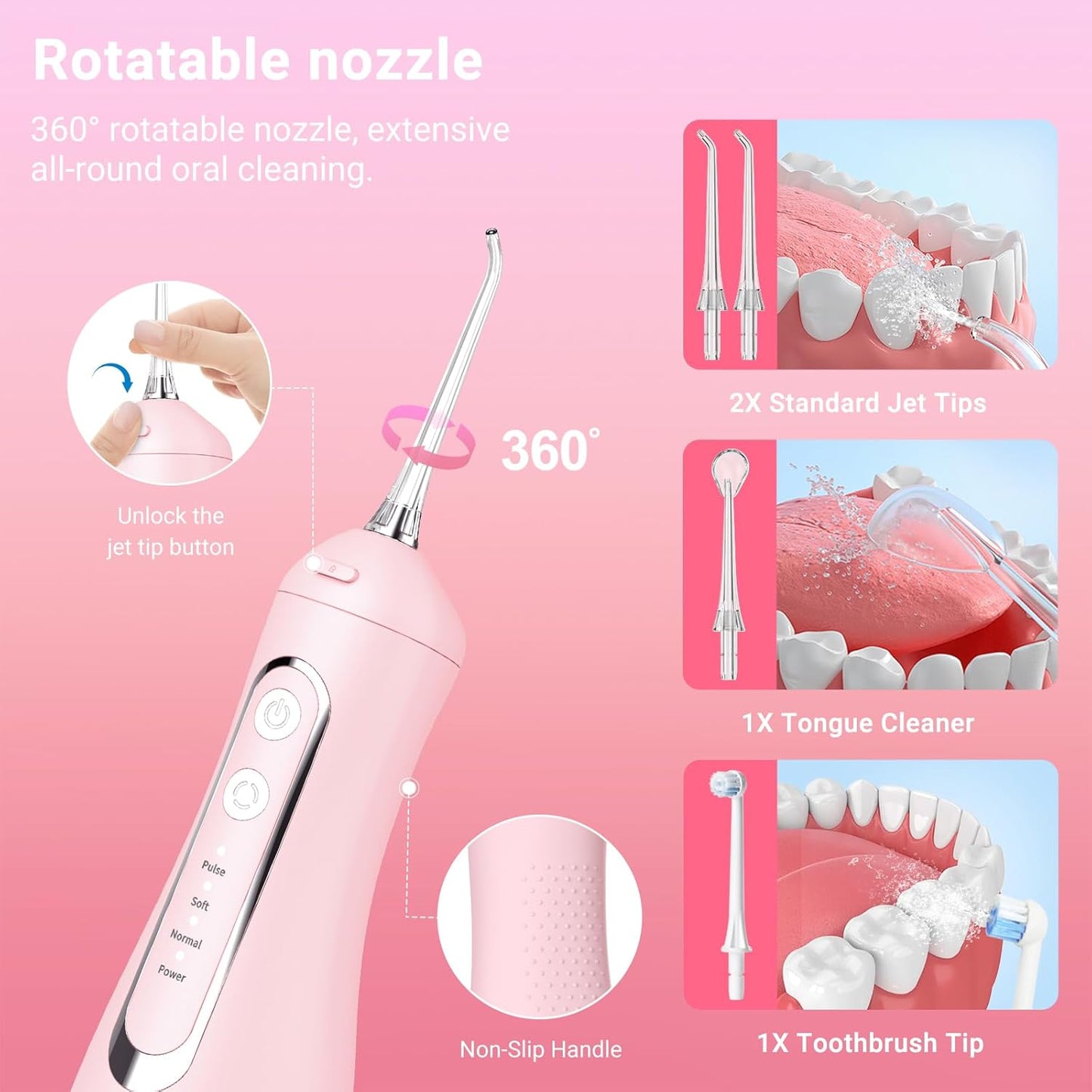 Cordless Water Dental Flosser Oral irrigator,JNGOODS 300ml Rechargeable Water flosser for Teeth IPX7 Waterproof 4 Modes Portable Oral Irrigator with 4 Jet Tips, Travel Home use (Pink)