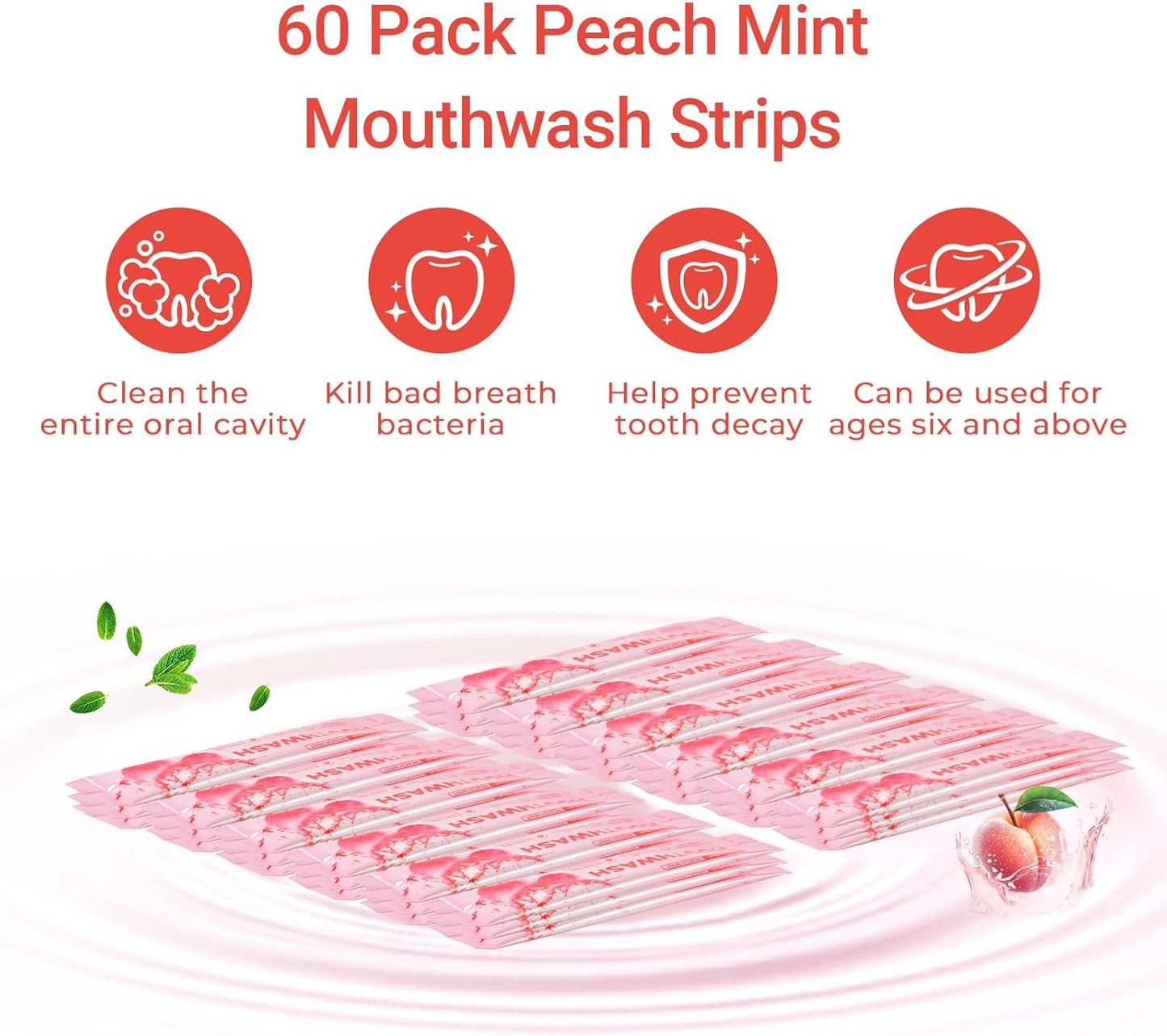 Travel-Size Alcohol & Fluoride Free Peach Mint Mouthwash Packets, 60 Individually Wrapped Portable Packs for Adults, Fresh Breath Peach Mint Flavored Mouthwash for Oral Hygiene, 0.63 Fl Oz Each