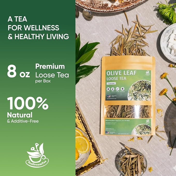 Olive Leaf Loose Tea – 8oz Size (Premium Dried Olive Loose Leaf Tea - 8 oz), Natural Extract Caffeine-Free Herbal Tea for Relaxation, Wallness with Smooth Taste