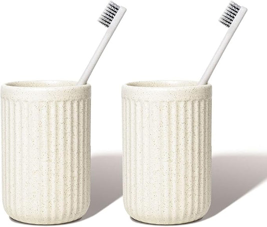2 Pack Beige Speckled Ceramic Toothbrush Holder, Rippled Cylinder Tumbler for Bathroom Countertop, Makeup Brush Holder, Pen Organizer, Multipurpose Bathroom Accessory