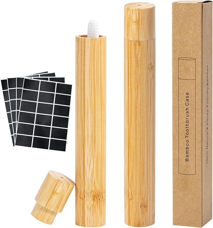 Yeeco 2 Pcs Portable Bamboo Toothbrush Case, Wooden Toothbrush Covers Storage Container Reusable Toothbrush Travel Holder Sustainable for Trip Camping Home Travelling Attach 4 Pcs Sticky Label