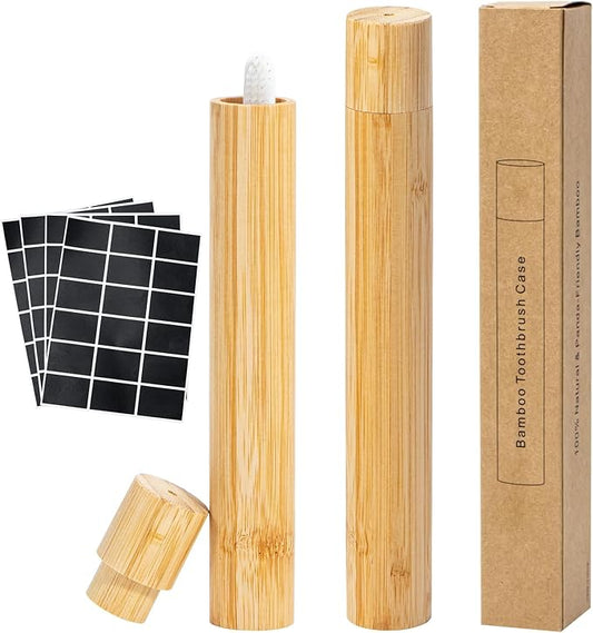 Yeeco 2 Pcs Portable Bamboo Toothbrush Case, Wooden Toothbrush Covers Storage Container Reusable Toothbrush Travel Holder Sustainable for Trip Camping Home Travelling Attach 4 Pcs Sticky Label