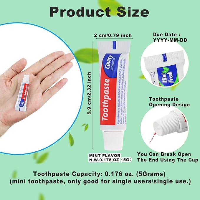 300 Tubes Bulk Travel Size Toothpaste, 0.176 oz Extra Small Mint Mini Disposable Toothpaste for Hotel, Guests, Homeless, Charity
