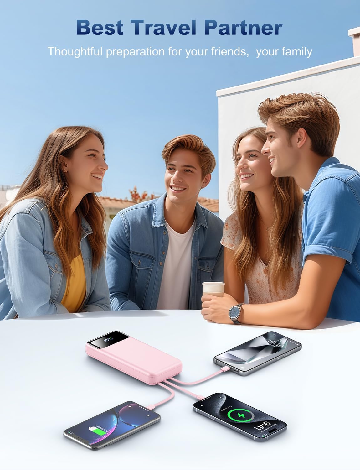 Portable Charger Power Bank 50000mAh Battery Pack, 22.5W Fast Charging PowerBank with Built in Cables,Travel Essential USB-C Portable Phone Charger for iPhone Samsung Pixel Android iPad-Pink