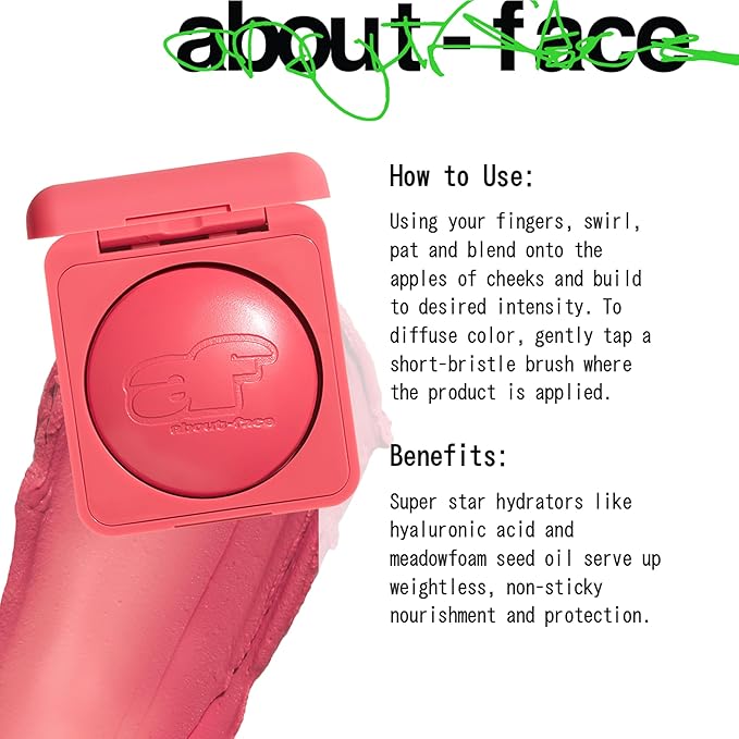 about-face Cheek Freak Blush Balm – Buildable Cream Blush with Hyaluronic Acid & Meadowfoam Seed Oil – Vegan, Cruelty-Free, Clean Beauty – 0.35 oz (Champagne Room – Watermelon Pink)