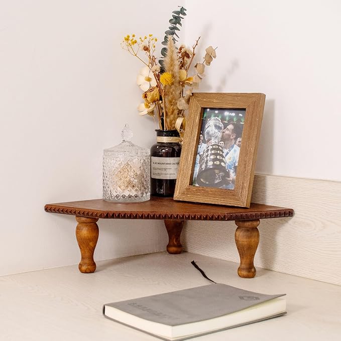 Wood Corner Counter Shelf Framehouse Decorative Tray Stand for Kitchen Bathroom Riser Organizer Coffee Bar Display Shelf with Detachable Legs (Darkbrown)