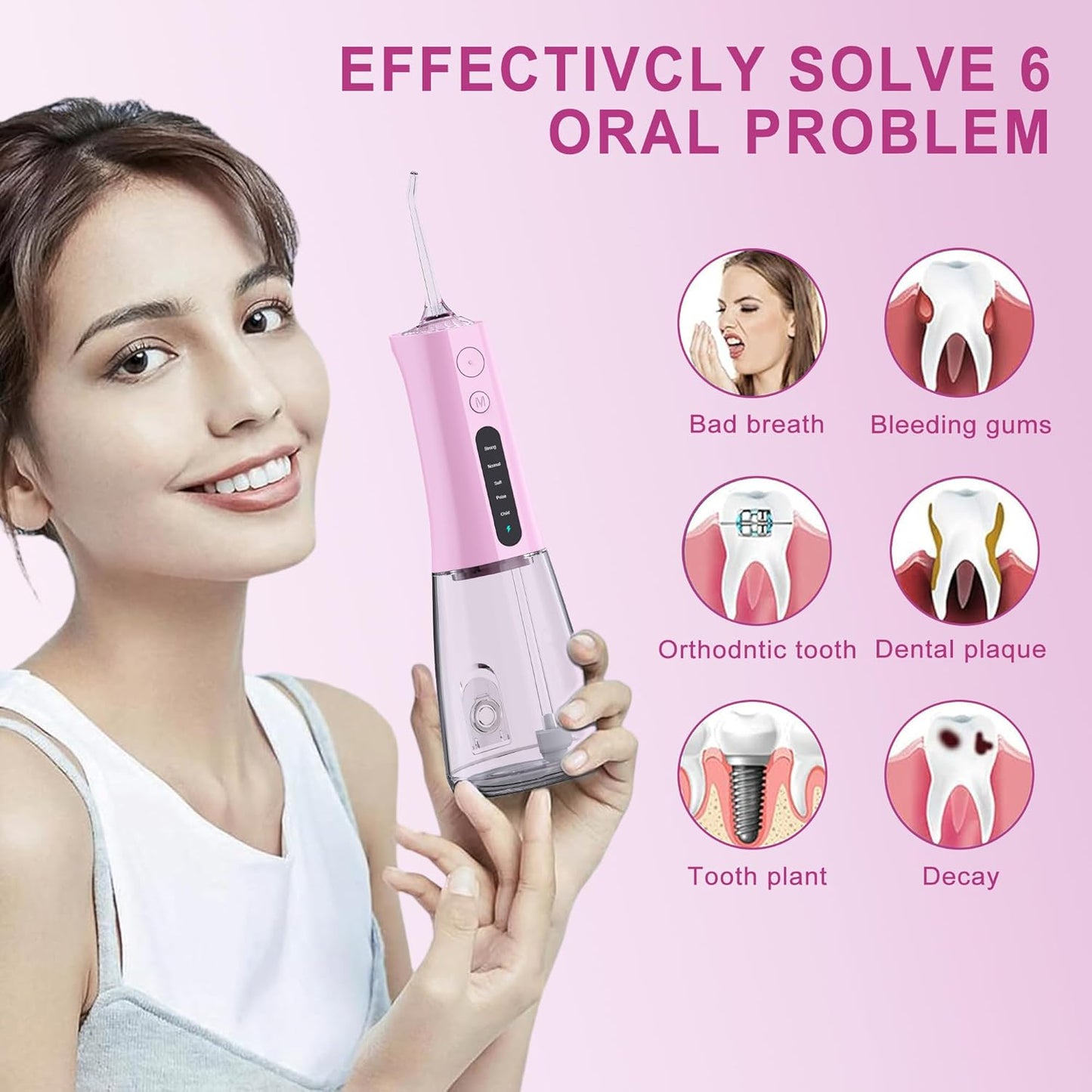 Water Dental Flosser OLED Display Cordless Teeth Cleaning MOCEL 5 Modes Oral Irrigator 300ML Portable and USB C Rechargeable IPX7 Waterproof Floss Teeth Pick (Pink)