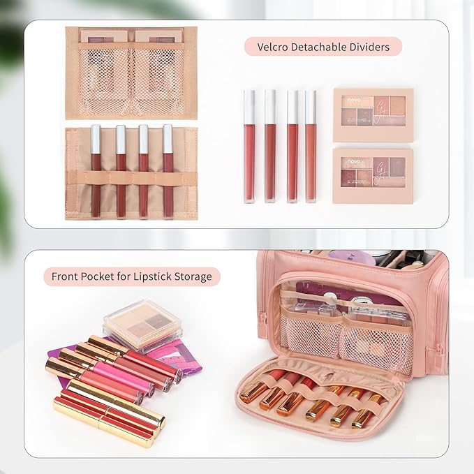 Large Makeup Bag, Portable Travel Makeup Bag Organizer for Women Girls with Makeup Brush Compartment & Two Side Pockets, Cosmetic Travel Bag Vertical Storage Toiletry - Pink