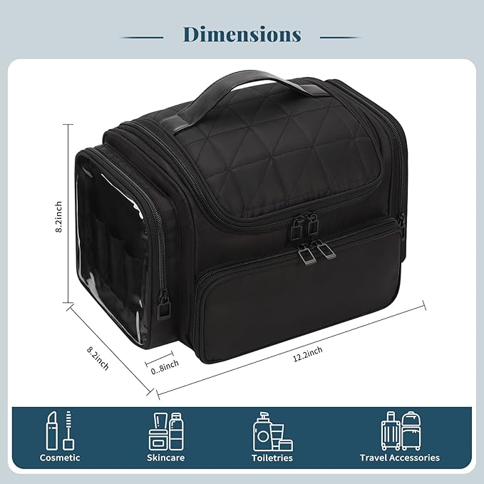 Large Makeup Bag with Jewelry Organizer, Travel Toiletry Bag for Women Girls with Makeup Brush Compartment & Two Side Pockets - XL Black