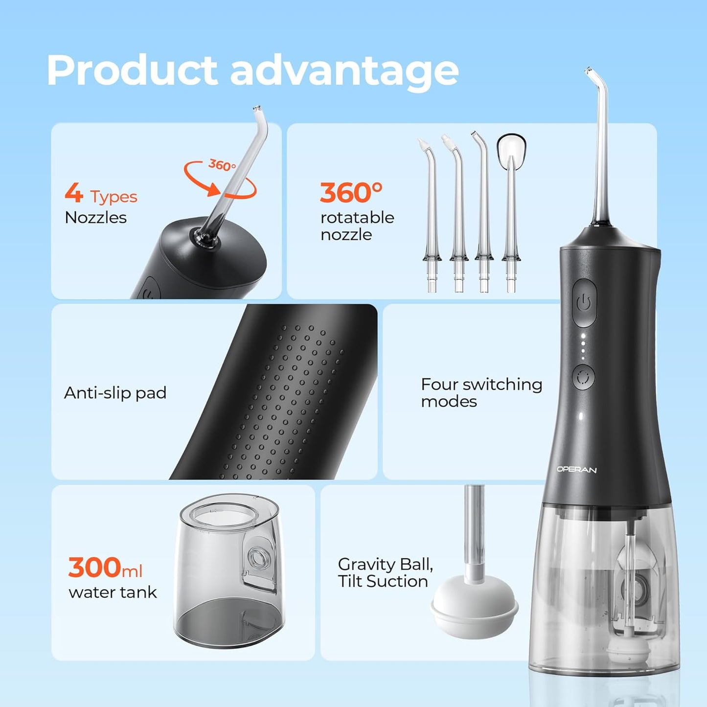 Operan Cordless Water Flossers for Teeth, 300ML Rechargeable Oral Irrigator with 4 Modes & 4 Nozzles, Portable Water Flossers for Adults, IPX7 Waterproof for Home and Travel, Black，01Pack