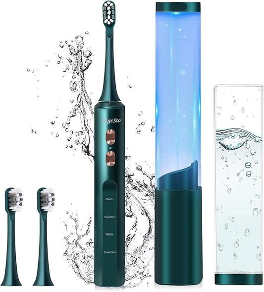 Electric Toothbrush w UV Sanitizer Cup - 4 Modes and 3-Speed Switching - Powerful Toothbrush - 48,000 VPM Motor and Wireless Charging w Smart Timer (Green)