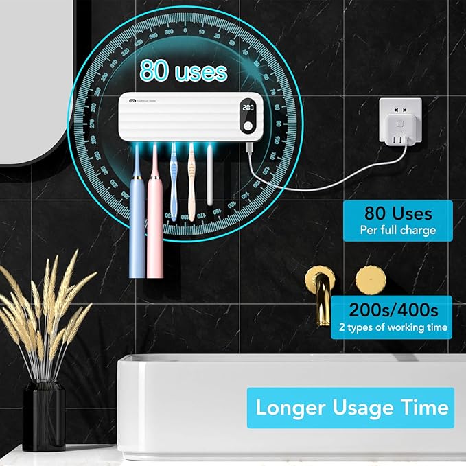 StarWin Toothbrush Cleaner, 5 Slots Wall Mounted Toothbrush Holder for Bathroom, Timer Function, Cordless & No Drilling
