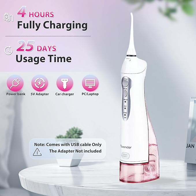 TOVENDOR Electric Water Flosser, Cordless Rechargeable Dental Oral Irrigator IPX7 Waterproof 300ML Travel Water Teeth Cleaner with 5 Tips for Braces Care Teeth Gums Cleaning, Home Office Daily Use