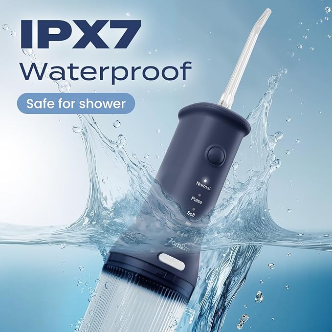 7AM2M Portable Cordless Water Flosser, Oral Irrigator with 3 Modes & 2 Tips, Fast Rechargeable, IPX7 Waterproof, Dental Water Flosser for Travel and Home Use (Navy Blue)