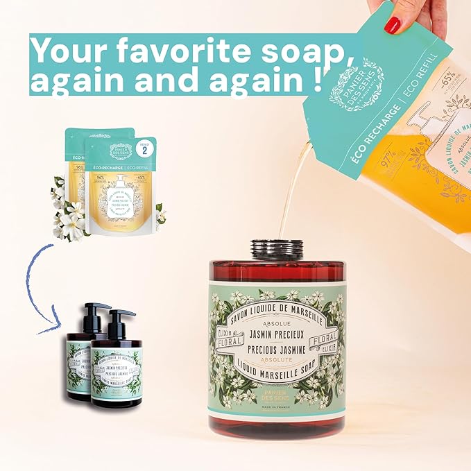 Panier des Sens - Liquid Hand Soap Refills - Jasmine Foaming Hand Soap Refill - French Moisturizing Hand Wash with Coconut Oil - Kitchen & Bathroom Soap - 97% Natural - 34 Fl.oz