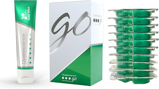 Opalescence Whitening Bundle - Opalescence Go 15% Hydrogen Peroxide Prefilled Whitening Trays and Whitening Toothpaste - Mint Flavor 5194-5166